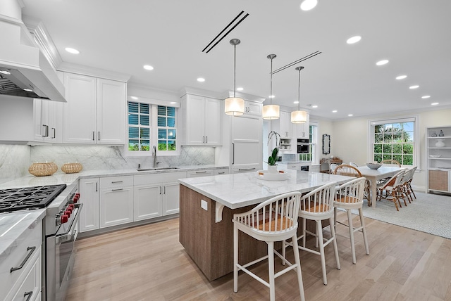 kitchen featuring custom exhaust hood, stainless steel appliances, white cabinetry, a sink, and a kitchen island