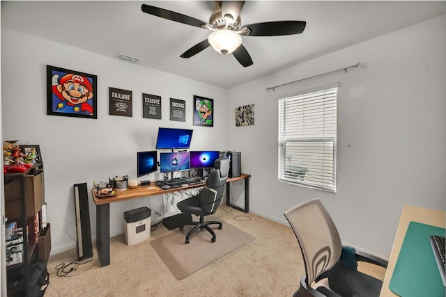 home office with light colored carpet and ceiling fan