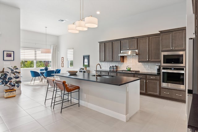 kitchen with pendant lighting, an island with sink, sink, backsplash, and stainless steel appliances