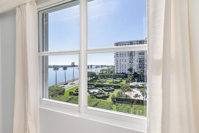 interior details featuring a water view