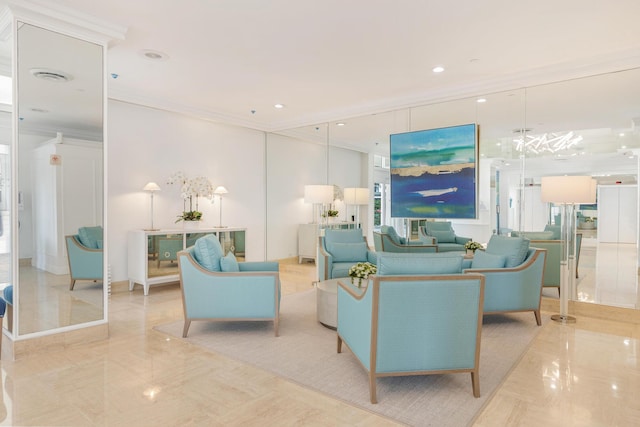 living room with ornamental molding