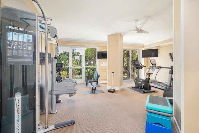 exercise room featuring ornamental molding and ceiling fan