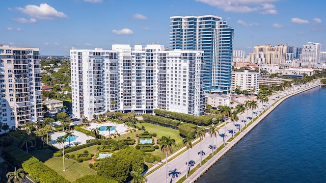 drone / aerial view with a water view