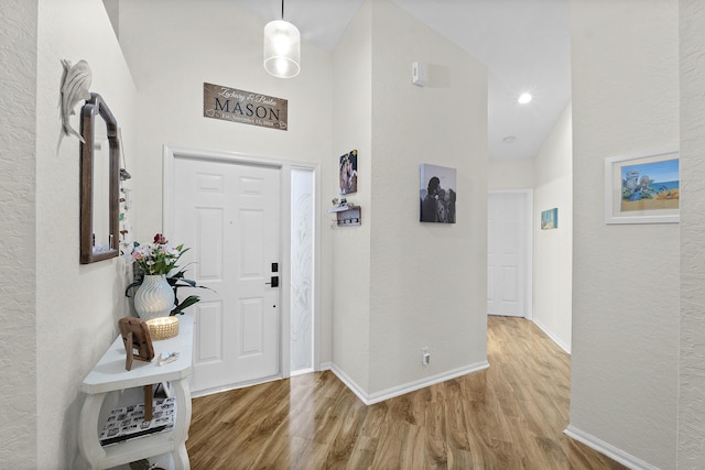 entryway featuring a towering ceiling and hardwood / wood-style floors