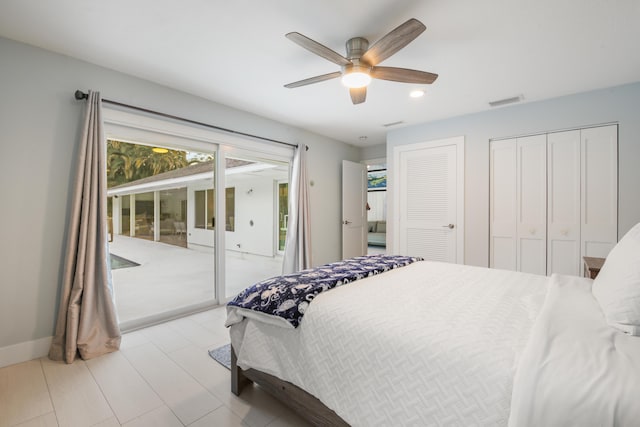 bedroom with ceiling fan, visible vents, baseboards, multiple closets, and access to outside