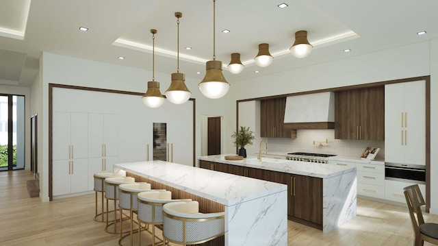 kitchen featuring custom exhaust hood, tasteful backsplash, a raised ceiling, modern cabinets, and a large island with sink