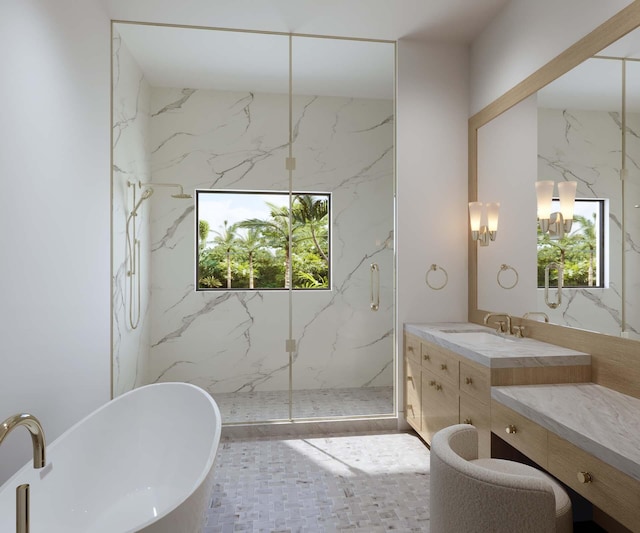 bathroom featuring a soaking tub, vanity, and a marble finish shower