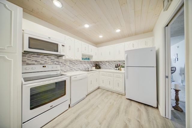 kitchen featuring white cabinetry, sink, decorative backsplash, wood ceiling, and white appliances