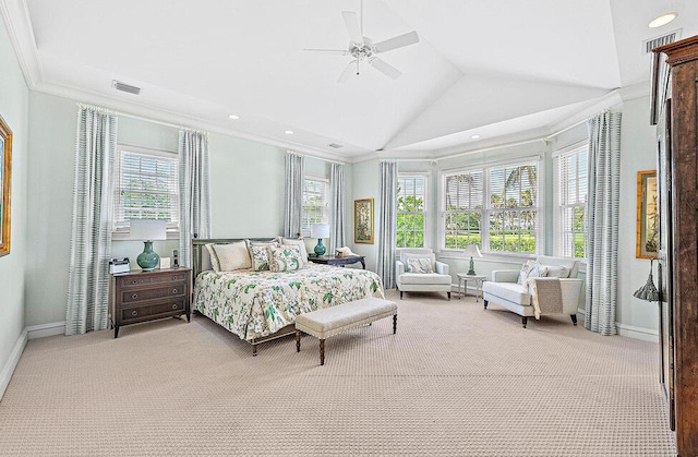 carpeted bedroom featuring multiple windows, vaulted ceiling, ornamental molding, and ceiling fan