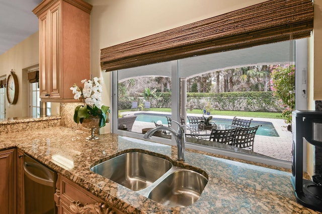 kitchen featuring sink, stainless steel dishwasher, dark stone counters, and tasteful backsplash