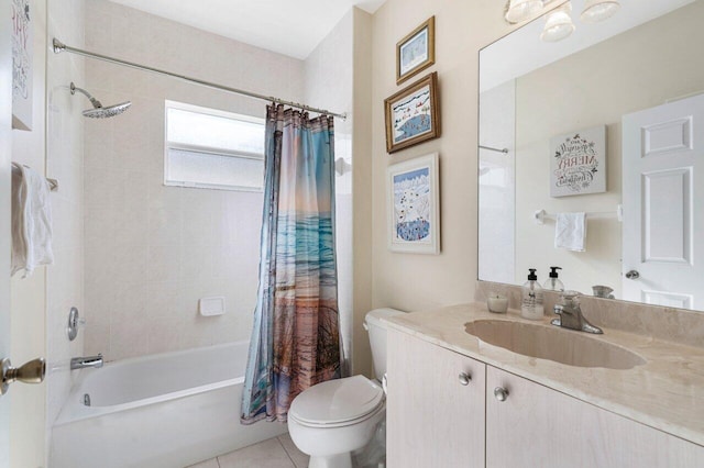 full bath with vanity, toilet, shower / bath combo with shower curtain, and tile patterned flooring