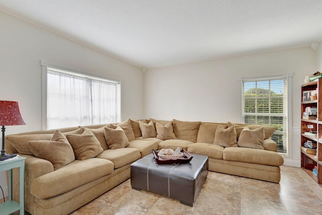 living room with ornamental molding and a wealth of natural light