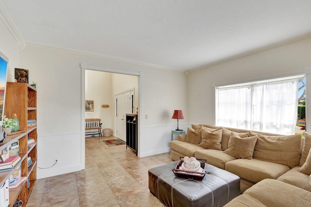 living room featuring crown molding