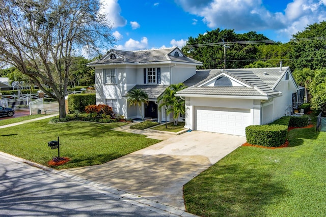 view of front of house with a garage and a front lawn