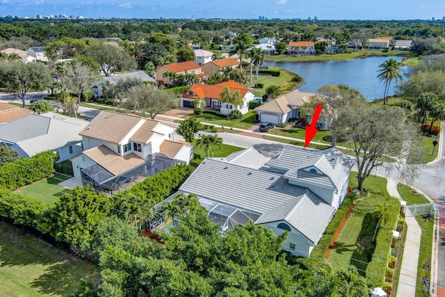 aerial view featuring a water view