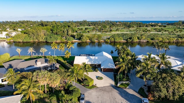 bird's eye view with a water view