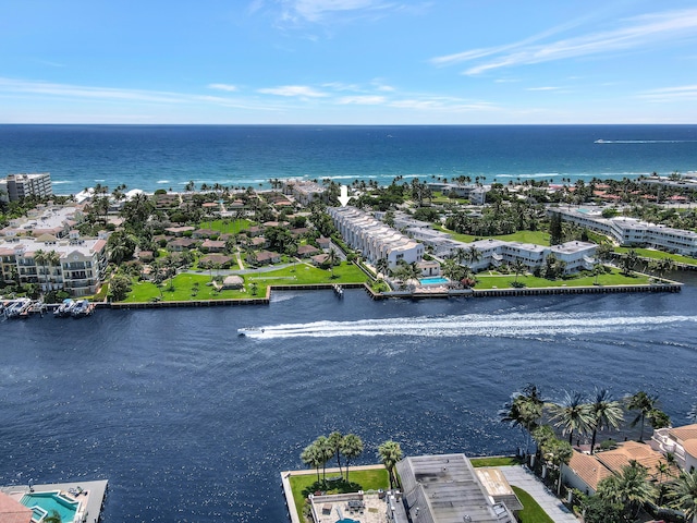 drone / aerial view with a water view