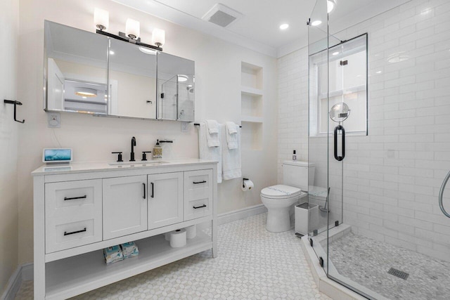 bathroom featuring vanity, an enclosed shower, crown molding, and toilet