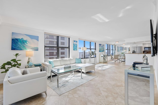 living room with light tile patterned flooring