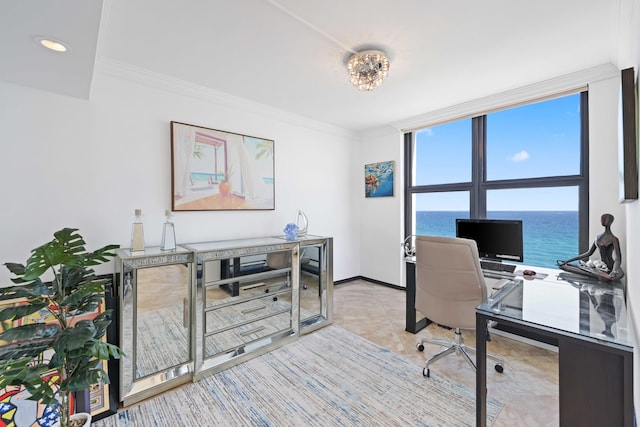 tiled office space featuring crown molding and a wall of windows