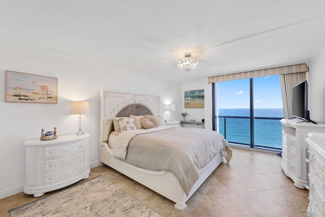 bedroom featuring crown molding, access to outside, a chandelier, and light tile patterned flooring