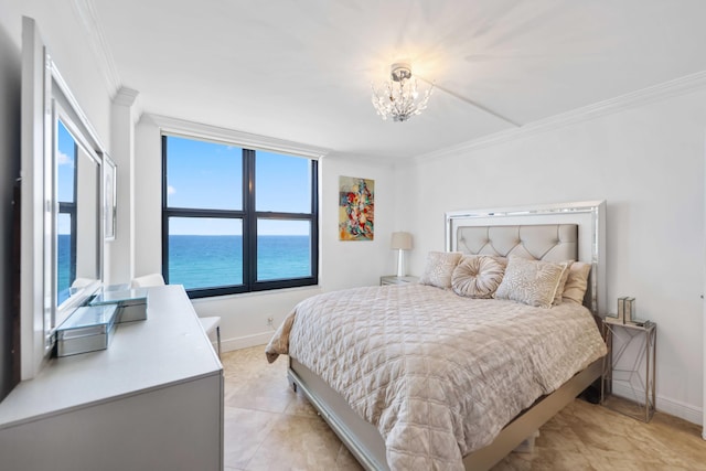 tiled bedroom with a water view, crown molding, and an inviting chandelier