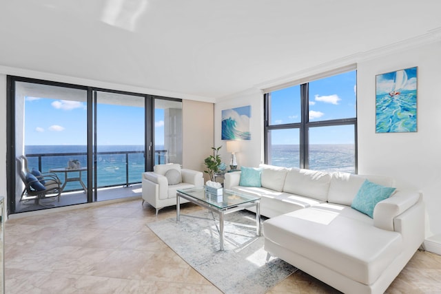 living room with a water view, a wall of windows, and ornamental molding