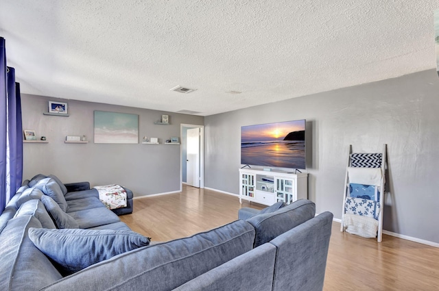 living room with hardwood / wood-style floors and a textured ceiling