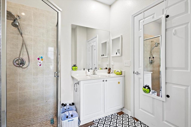 bathroom with vanity and a shower with shower door