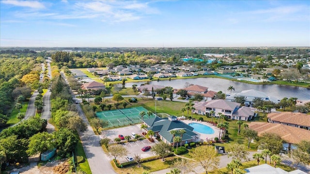 aerial view featuring a water view