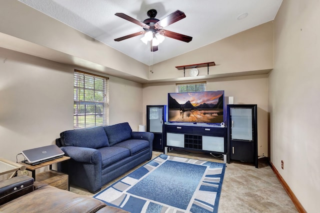 living room with lofted ceiling and ceiling fan