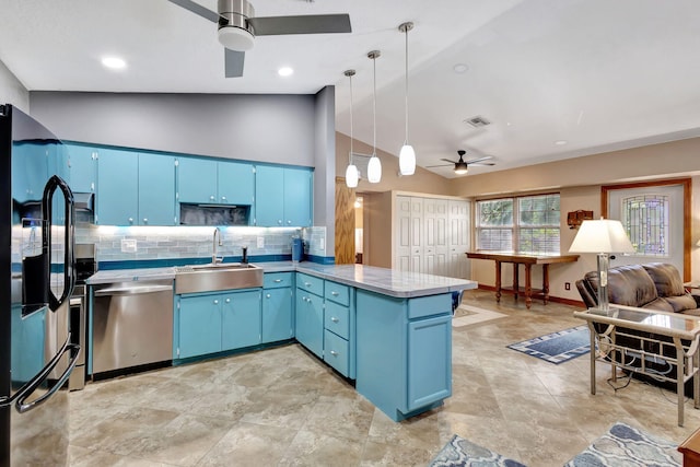 kitchen with stainless steel dishwasher, kitchen peninsula, and blue cabinets