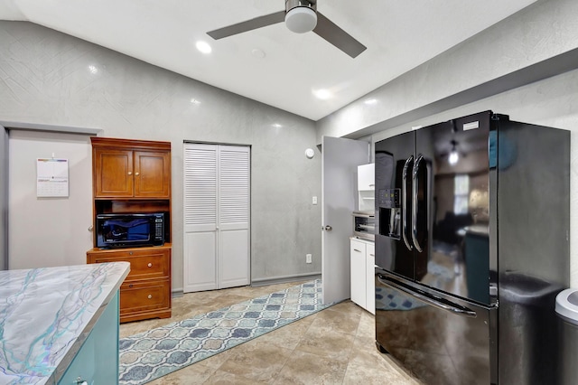 kitchen with ceiling fan, lofted ceiling, and black appliances