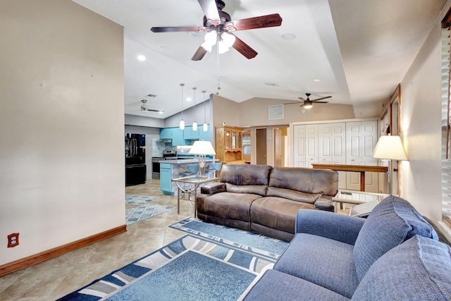 living room with lofted ceiling and ceiling fan