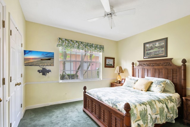 carpeted bedroom featuring ceiling fan