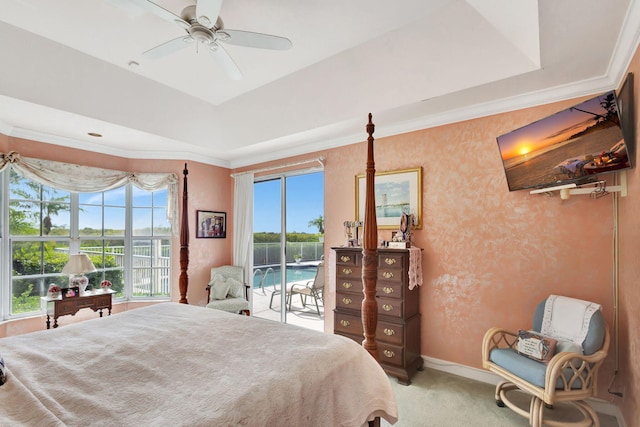 bedroom featuring a tray ceiling, multiple windows, and access to outside