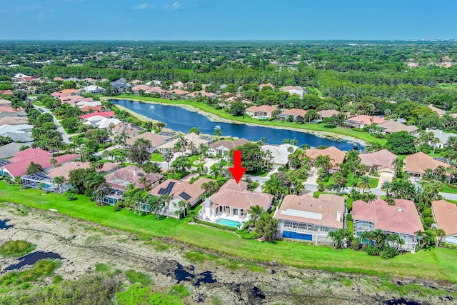 drone / aerial view featuring a water view