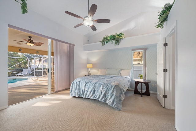 bedroom with vaulted ceiling, light carpet, access to outside, and ceiling fan