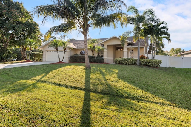 single story home with a garage and a front yard