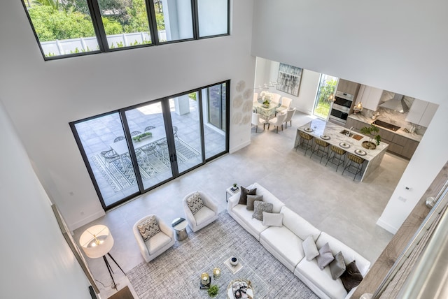 living room with a towering ceiling and a healthy amount of sunlight