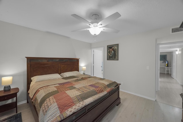 bedroom with ceiling fan and light wood-type flooring