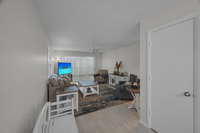 living room with ceiling fan and light hardwood / wood-style floors