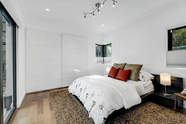 bedroom with light wood-type flooring, ornamental molding, and track lighting