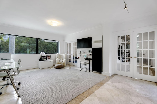 office space featuring ornamental molding and french doors