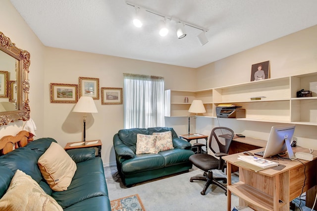 office featuring light carpet and a textured ceiling