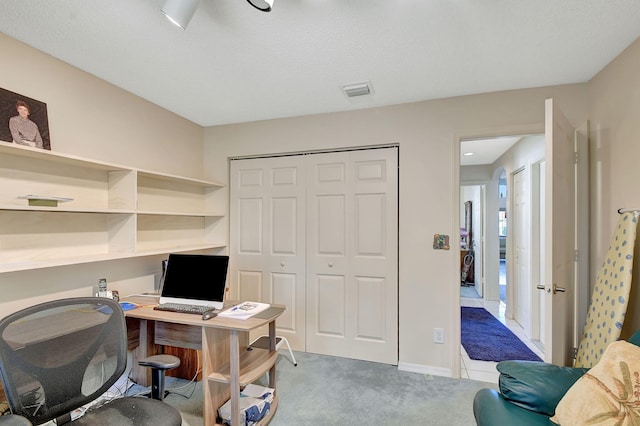 view of carpeted home office