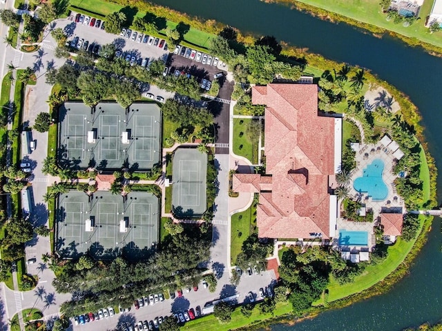 aerial view featuring a water view