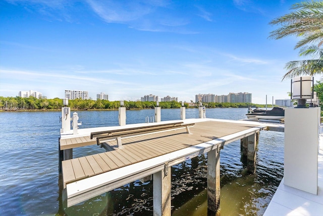 view of dock featuring a water view and a view of city