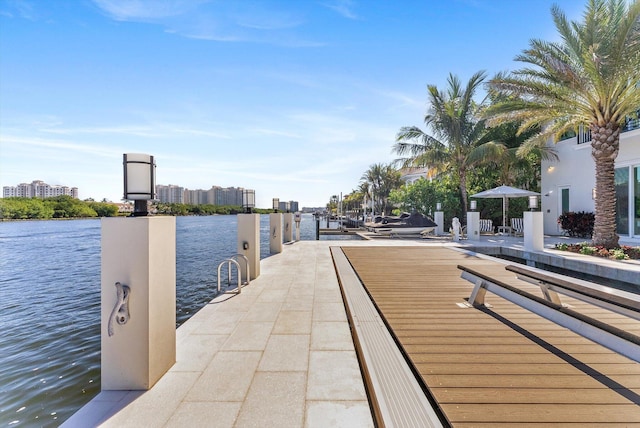 dock area with a water view and a view of city