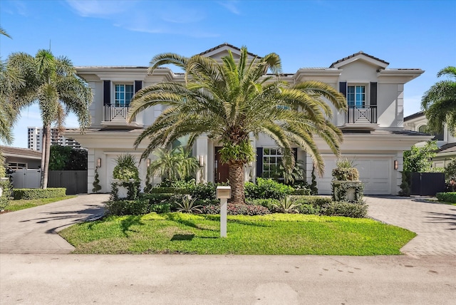 view of front of property with a balcony, a garage, a front lawn, and decorative driveway